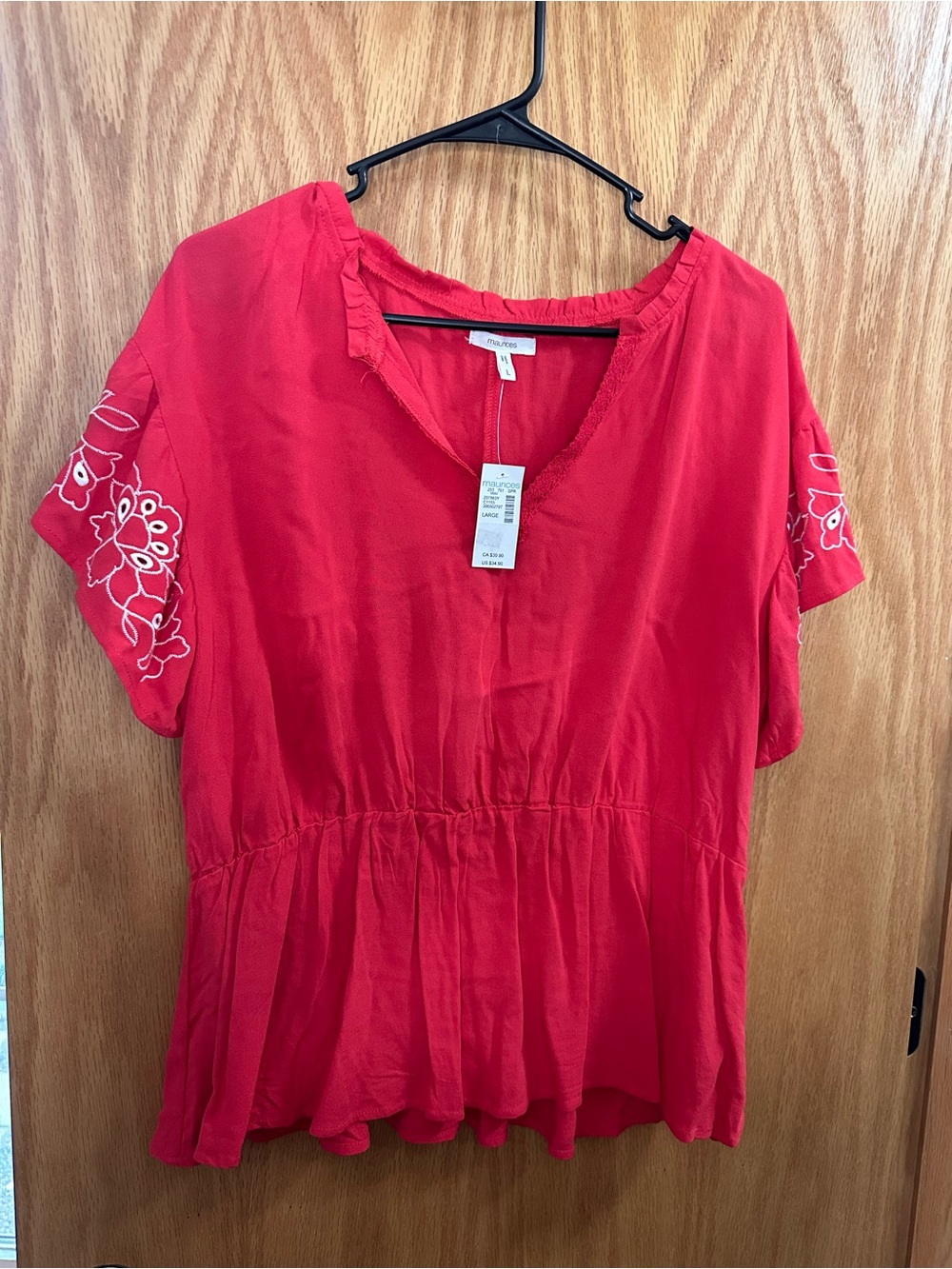Maurices Red V-Neck Peplum Tunic with White Sleeve Embroidery